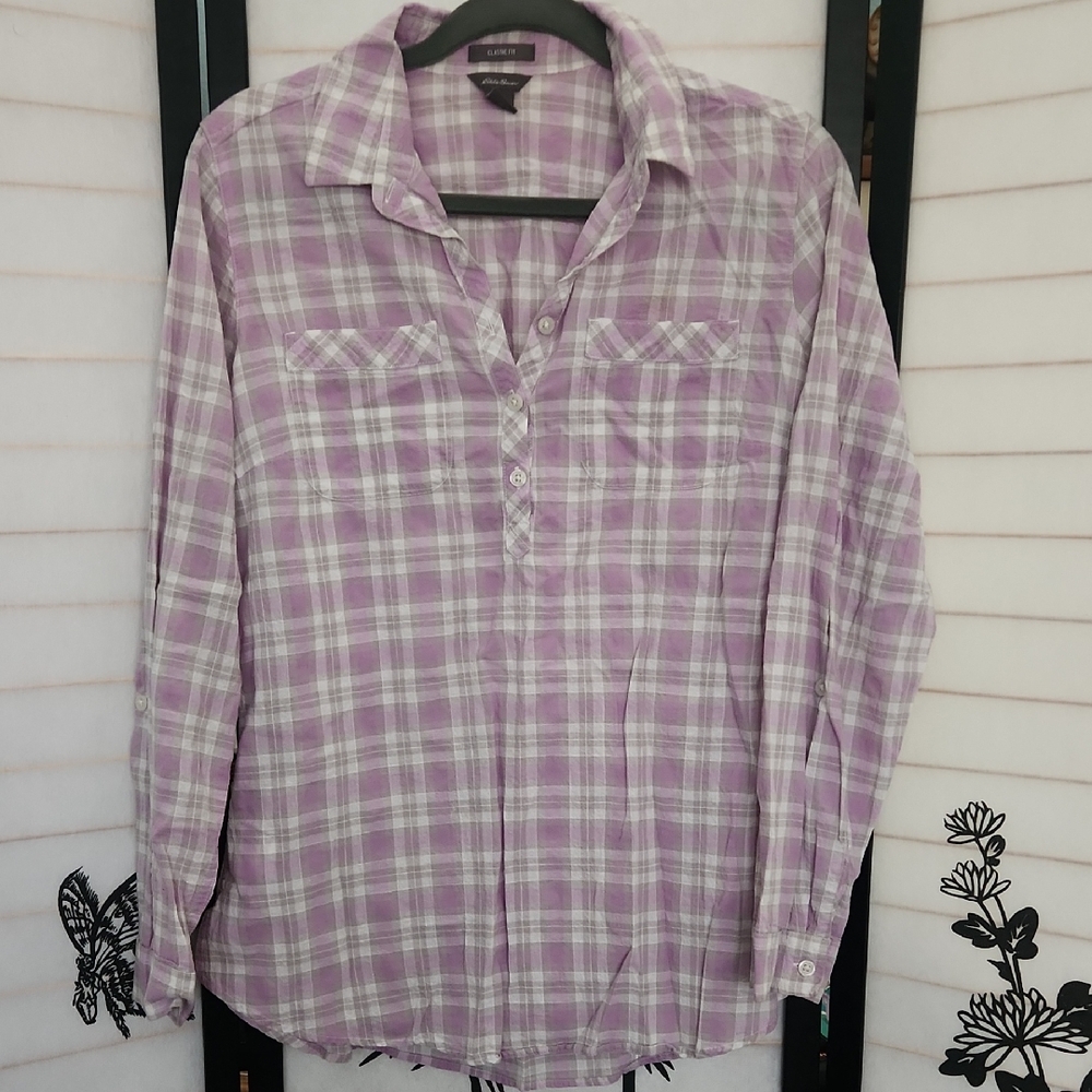Purple Plaid Women's Eddie Bower Pullover Long Sleeve Shirt